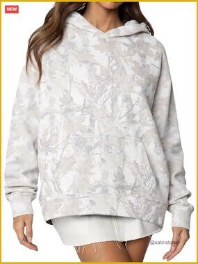 Oversized Fleece Lined Camo Hoodie Polyester Cotton Blend Drop Shoulder